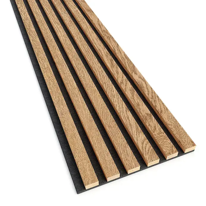 Oak veneer wooden wall slats on a black felt backing.